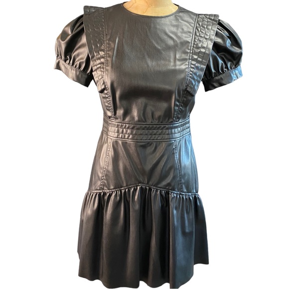 ZARA BLACK FAUX LEATHER PUFF SLEEVE DRESS RUFFLE - Picture 7 of 8